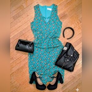 Bettie Page Teal and Orange Midi Dress
